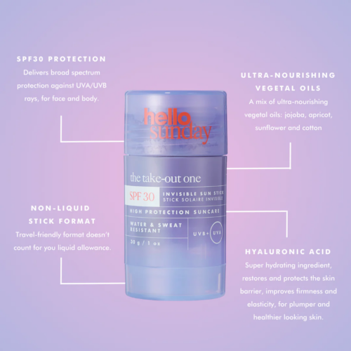 a blue plastic container with white text Hello Sunday The Take-Out One Invisible Sun Stick SPF30 30g